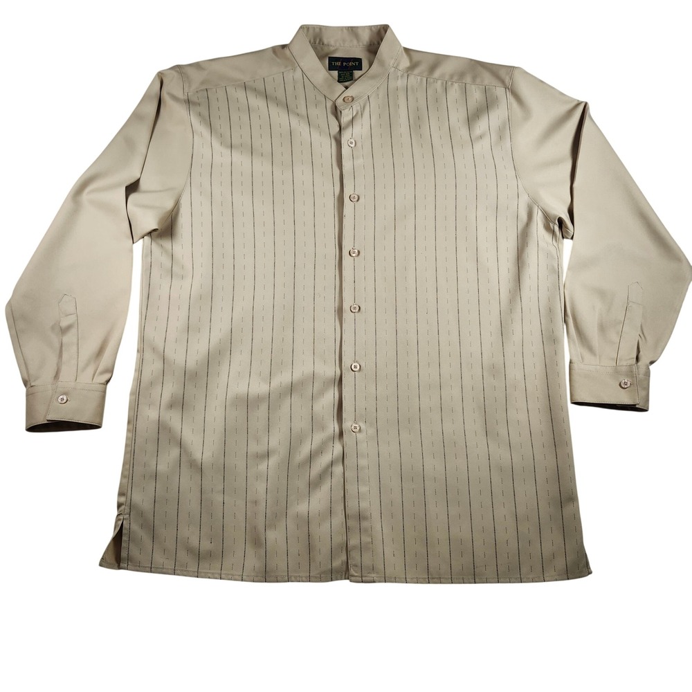 The Point Button Down Shirt Mens XXL Tan‎ Mandarin Collar Pinstripe Long Sleeve